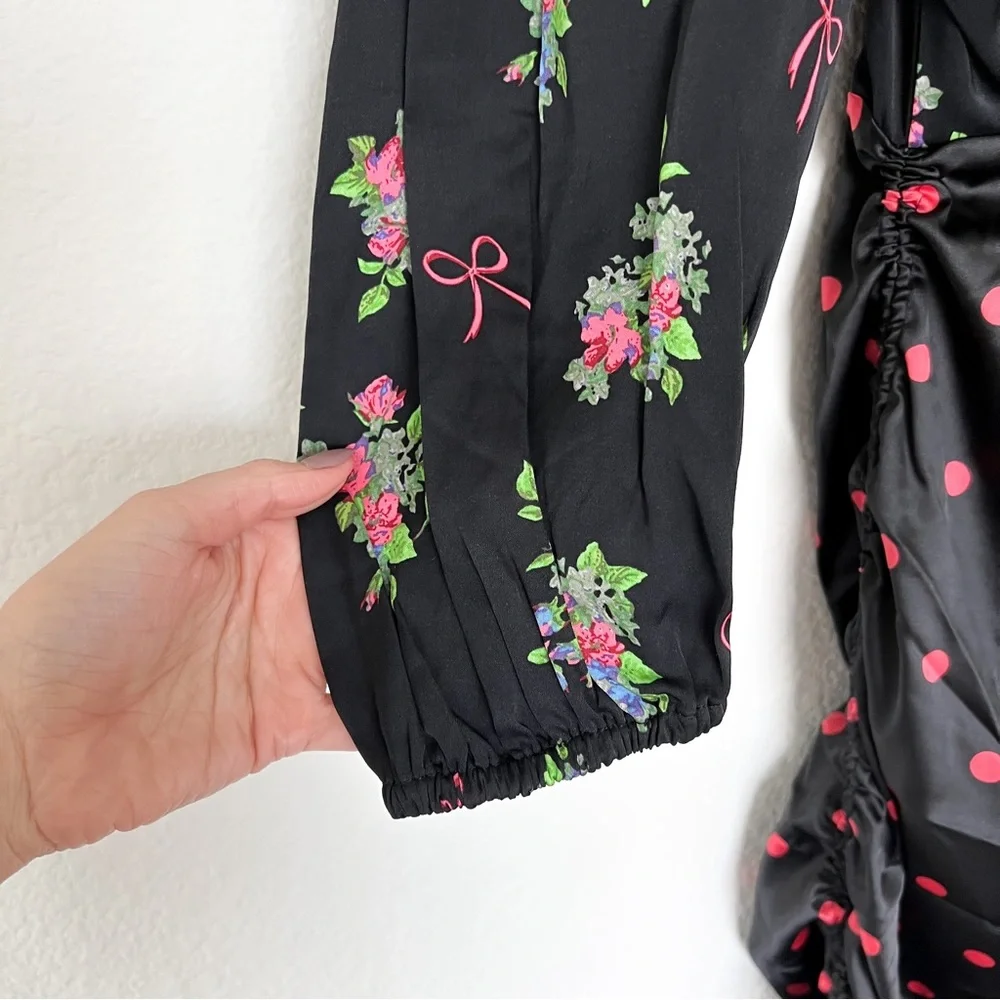 NWT For Love & Lemons Wilson Print Ruched Midi Dress in Polka Dots & Floral - Picture 6 of 10
